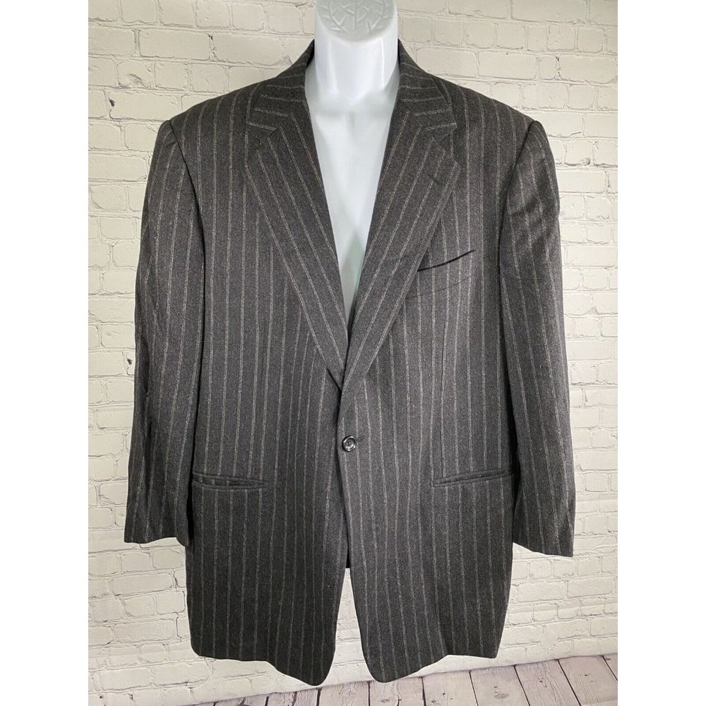 VTG Take 6 By Kashini “120” Super Fine 100% Wool Gray Striped Jacket Blazer 44R
